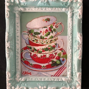 Christmas Teacups Miniature Framed Art, Miniature Christmas Art, Miniature Christmas Painting, Holly Teacups