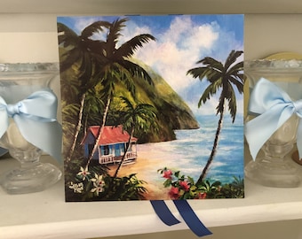 Vintage Hawaii Art Print: Tropical Beach Hut with Palm Trees - Hawaiian Ocean Decor