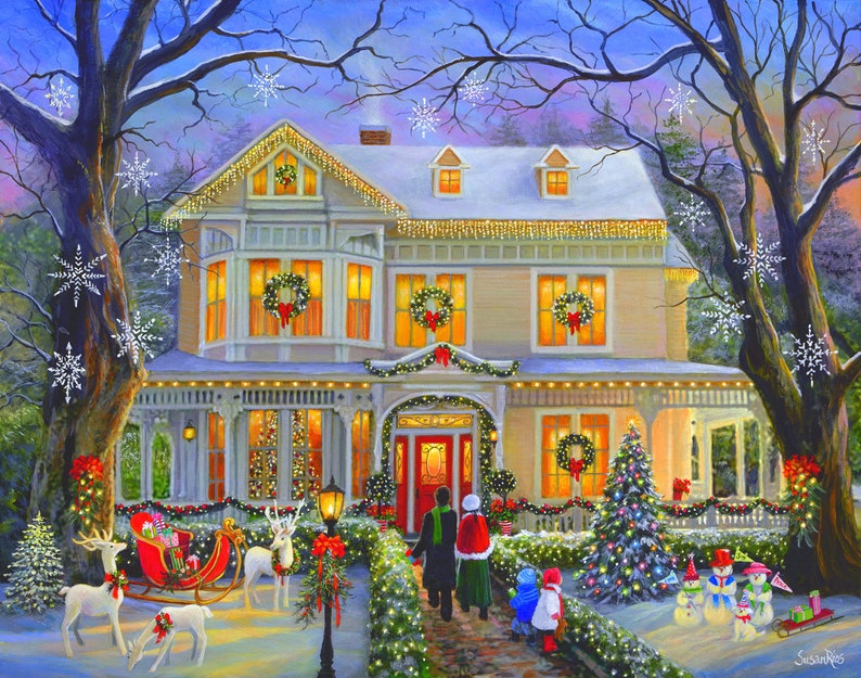 Victorian Christmas Print by Susan Rios, Victorian House at Christmas Art Print, Decorated Christmas House, Christmas Decoration image 1