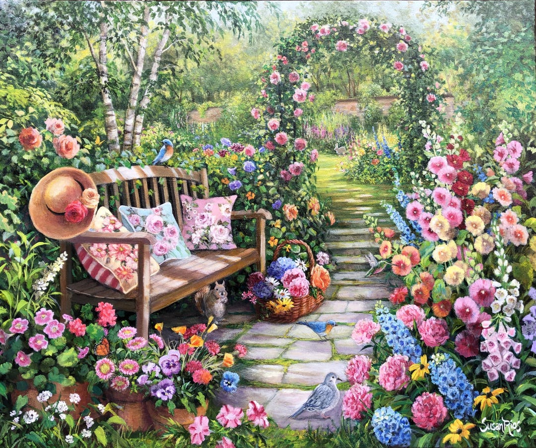 Floral Garden Art Print: Hollyhocks, Roses, and Rose Trellis by Susan ...