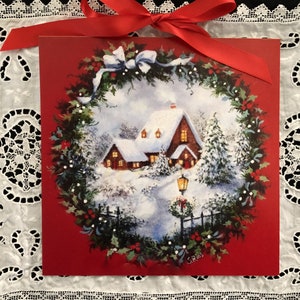 Enchanting Snowy Christmas Cottage Art Print: Festive Wreath with Glittering Holly for Holiday Decor