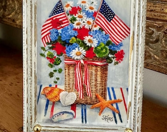 A Red, White and Blue Summer, Miniature Framed Art Print, Patriotic Decor, Signed Susan Rios