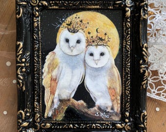 Miniature Owl Couple Art Print Midnight Magic Framed Bird Painting Wall Decor