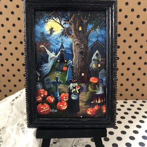 Spooky Halloween Night Miniature Framed Art: Haunted Graveyard Scene image 1