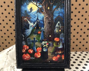 Spooky Halloween Night Miniature Framed Art: Haunted Graveyard Scene