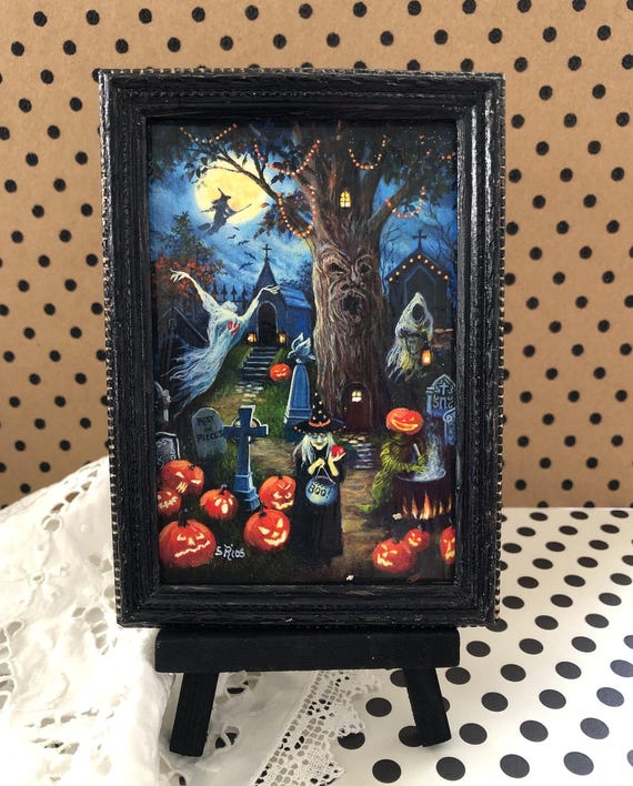 Spooky Halloween Night Miniature Framed Art: Haunted Graveyard Scene