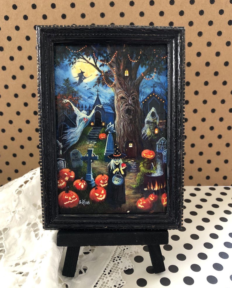 Spooky Halloween Night Miniature Framed Art: Haunted Graveyard Scene image 1