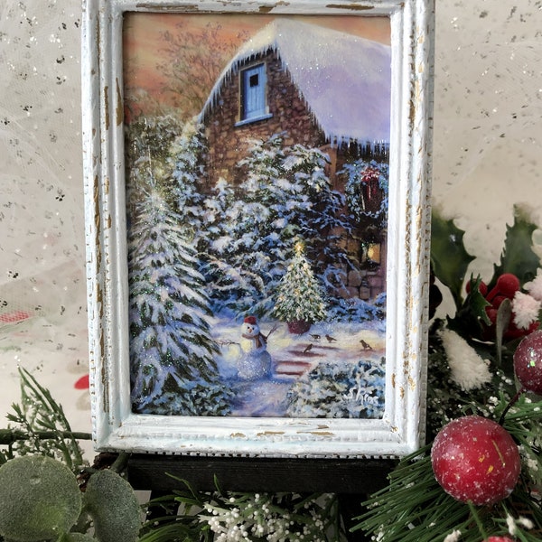 Miniature Christmas Scene by Susan Rios, Miniature Framed Christmas Art, Snowy Christmas Scene, Holiday Barn in Snow