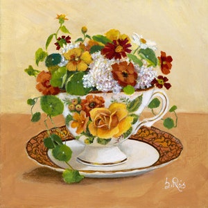 Yellow Rose Vintage Teacup with Flowers Art Print, Vintage Teacup, Floral Teacup, Flowers in Teacup, Country Art