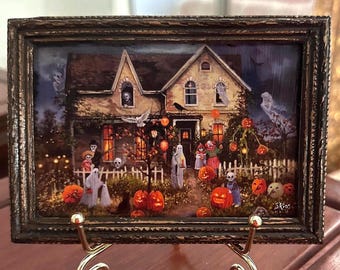 NEW Halloween Mini Framed Art - Cozy Spooky Cottage with Glowing Pumpkins & Ghosts - Fall Home Decor