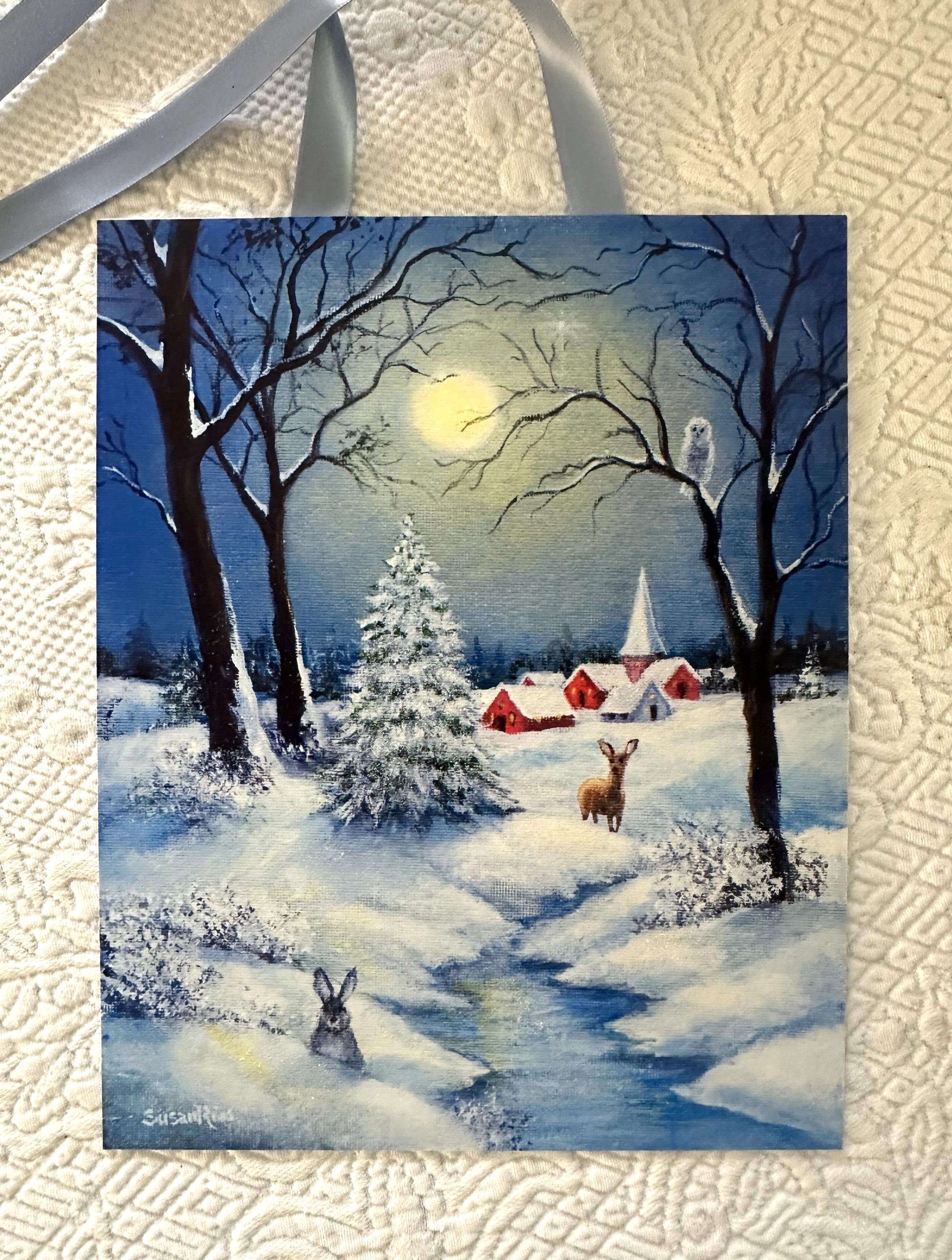 Enchanting Moonlit Winter Forest Print: Glittery Snowy Landscape