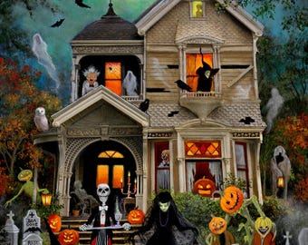 Halloween Haunted House Art Print: Spooky Victorian Home Decor