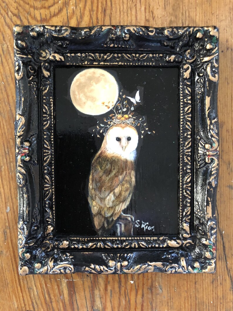 Magic Owl and Moon Miniature Framed Art Print Owl Art Owl Etsy