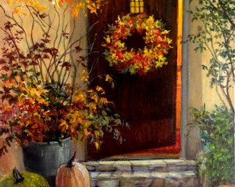 Autumn Door, Autumn Art Print, Autumn Decor, Fall Leaves, Autumn Wreath, Pumpkins