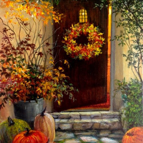 Autumn Door, Autumn Art Print, Autumn Decor, Fall Leaves, Autumn Wreath, Pumpkins