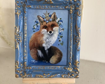 Hand Highlighted Red Fox Miniature Print: Framed Animal Art with Gold Crown Painting