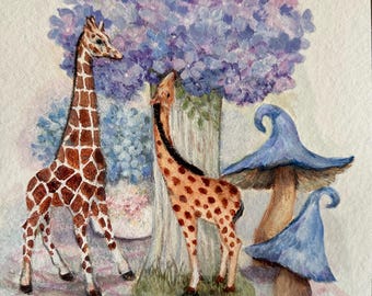 Whimsical Giraffe Hydrangea Art Print, Cottage Garden Animal Wall Decor, Floral Giclee Paper Fine Print