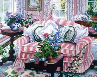 Cottagecore Canvas Giclee Print, Pink Sofa Floral Print, Shabby Chic, Romantic Living Room Art