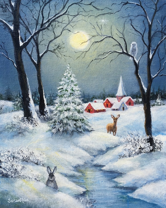 A Peaceful Snowy Night Art Print, Christmas Art, Winter Art, Snow