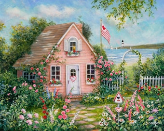Pink Cottage Seaside Art Print by Susan – Roses, Garden, Coastal Wall Decor
