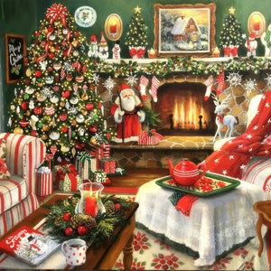 Christmas Art by Susan Rios, Christmas Interior, Christmas Trees, Santa, Snowmen, Tree by The Fireplace