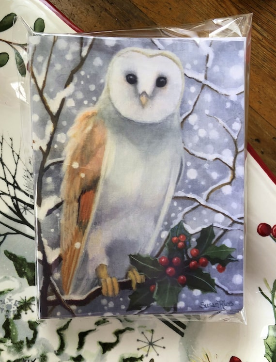 Owl Christmas Card Owl Holiday Card White Owl Christmas | Etsy