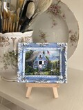 Blue Cottage by Sea Miniature Framed Art Print - Seaside Country Decor with American Flag Garden