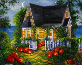 Haunting Halloween Night Scene: Cottage with Glowing Jack-o-Lanterns Giclee Art Print for Wall Decor