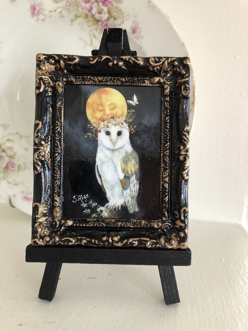 Owl and Moon Miniature Framed Print, Owl Art, Owl and Moon Art, Moon Art, White Owl image 1