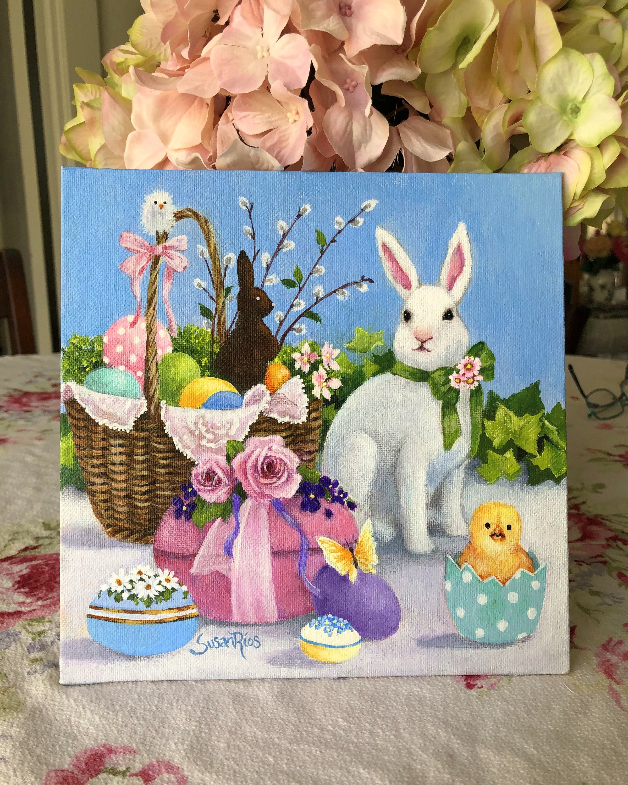 Easter Art Print: Bunny, Basket, and Chick - Susan Rios - Etsy