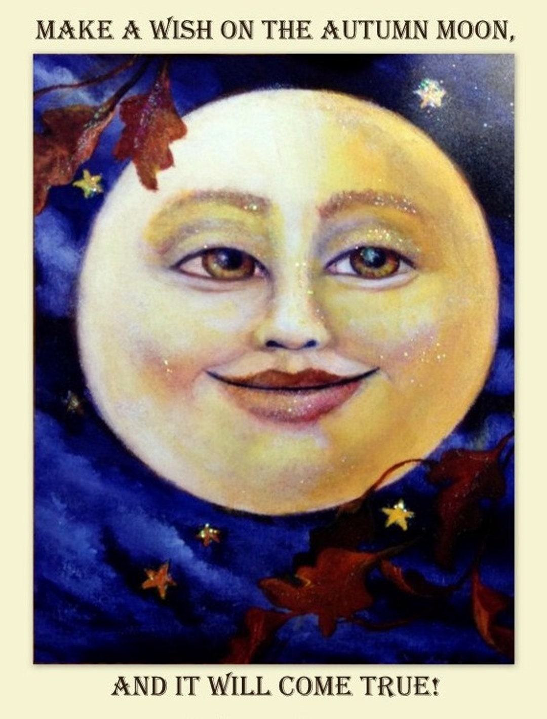 Wish on the Moon Art Print, Moon Face Art Print, Smiling Moon, Autumn