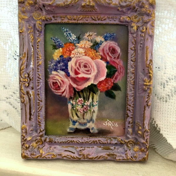 Miniature Framed Floral Art, Miniature Painting, Miniature Art in Hand Painted Frame