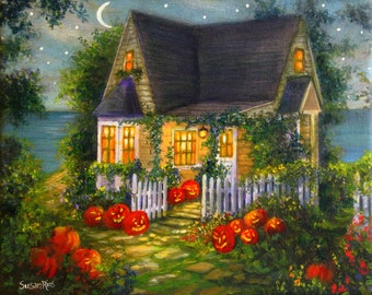 Halloween Cottage Art Print – Iridescent Jack-o-Lanterns, Autumn Night Scenery