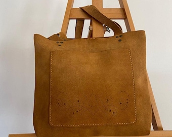 Handmade Genuine Suede Leather Mustard Yellow Tote Bag – Stylish and Durable Design
