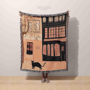 Street Cat Woven Tapestry Blanket, Black Cat Cotton Woven Throw Blanket, Illustrated Art Blanket, Wall Decor Rug, Cozy Fringed Blanket
