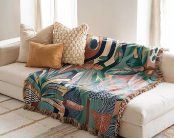 Coperta in cotone intrecciato con motivo giungla tropicale, arazzo da parete con arte astratta botanica surreale