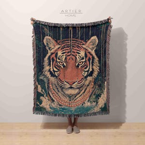 Tiger Woven Tapestry Blanket, Bengal Tiger Cotton Woven Throw Blanket, Wild Life Art Blanket, Wall Decor Rug, Cozy Fringed Wall Hanging