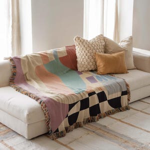 Gewebte Tapisserie Decke, Boho Decke, Minimalistischer Teppich, Sofa Überwurf, Wandteppich, Fransendecke