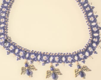 Hand-sewn beaded necklace with crystal angels