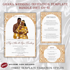 Ghana Wedding Invitation Bundle, Editable Kente Traditional Wedding Invite, Printable African Theme Wedding Invitation, Save The Date, Canva