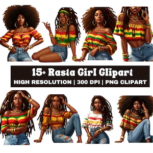 Paquete de 20 imágenes prediseñadas de chicas rasta, 420 imágenes PNG de chicas afro, imágenes prediseñadas de reggae, reina afrocéntrica, sublimación imprimible de alta resolución, PNG