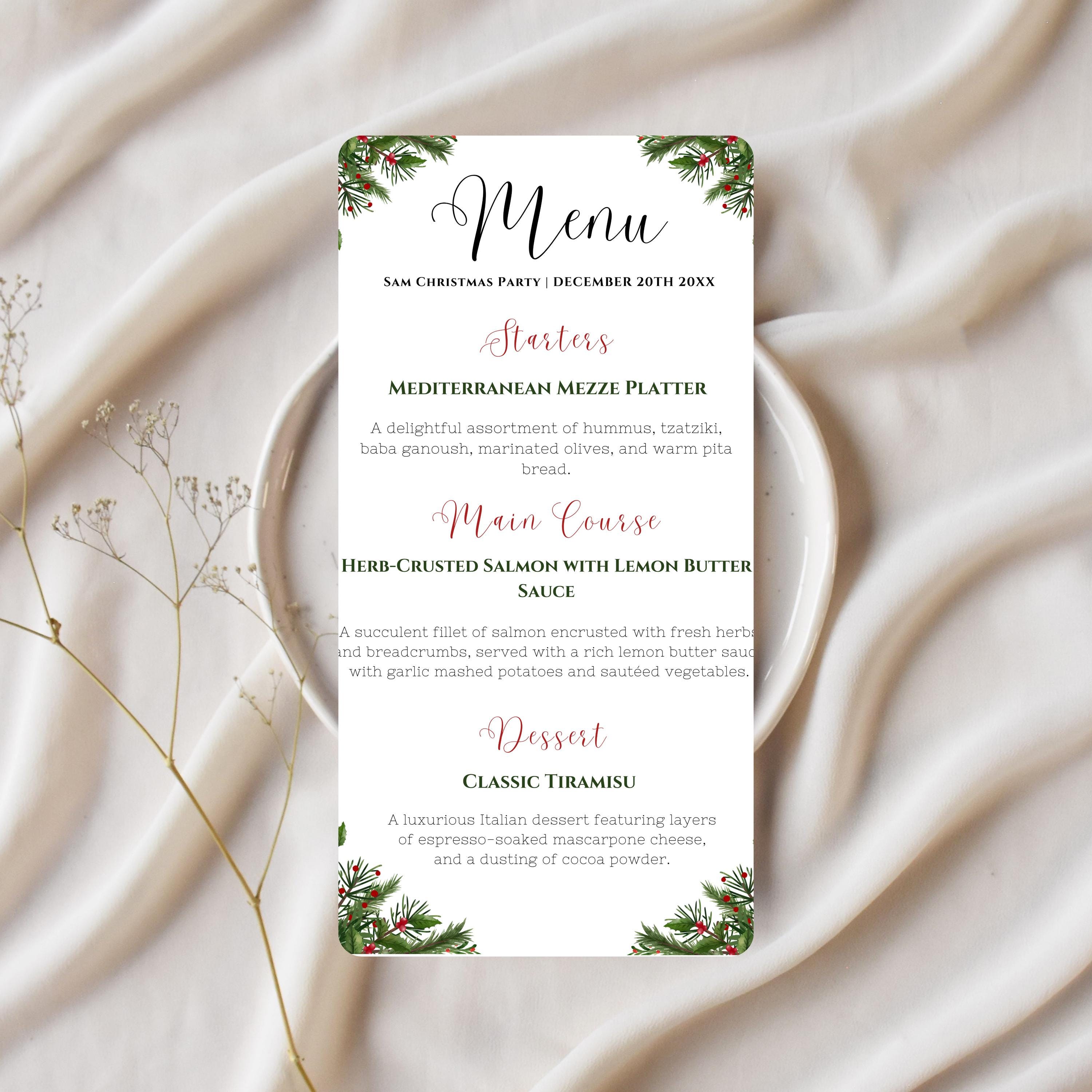Christmas Menu Card Template, Editable Green and White Christmas Menu ...