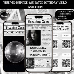 Digital Newspaper Birthday Invitation Template, Custom Animated Video Birthday Invitation, Black and White Vintage Video Invitation Template
