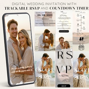 Invitación de boda digital con RSVP rastreable, invitación web de boda editable con formulario de registro en línea, RSVP clicable, temporizador de cuenta regresiva Canva