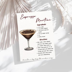 Scheda ricetta cocktail Espresso Martini, scheda stampabile Espresso Martini, schede ricetta cocktail, modello di scheda ricetta drink con firma modificabile