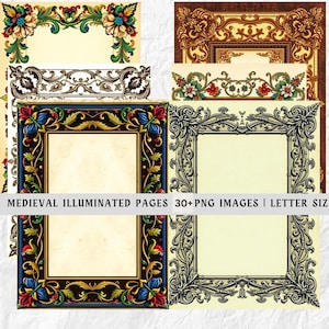Oltre 30 cornici di carta a tema medievale, cornice per manoscritti medievali vintage per diari, bordo illuminato, marginalia medievale, kit per diari spazzatura