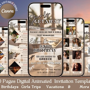 Digital Animated Girls Trip Itinerary Template, Editable Birthday Trip Invitation, Custom Video Travel Itinerary, Digital Travel Planner
