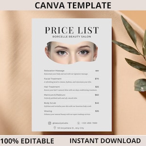 Peut inclure: Un modèle Canva blanc pour une liste de prix de salon de beauté avec le texte PRICE LIST et BORCELLE BEAUTY SALON, une découpe centrale montrant des yeux humains et une liste de services incluant massage, soin du visage, cheveux et manucure.