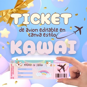 Kawaii Surprise Ticket, Digital Travel Ticket, Editable Canva Boarding Pass, Customizable Printable Plane Ticket