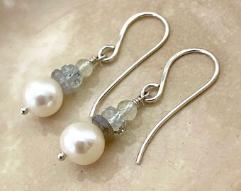 Pearl, Gemstone and sterling earrings by Katherine Sheetz